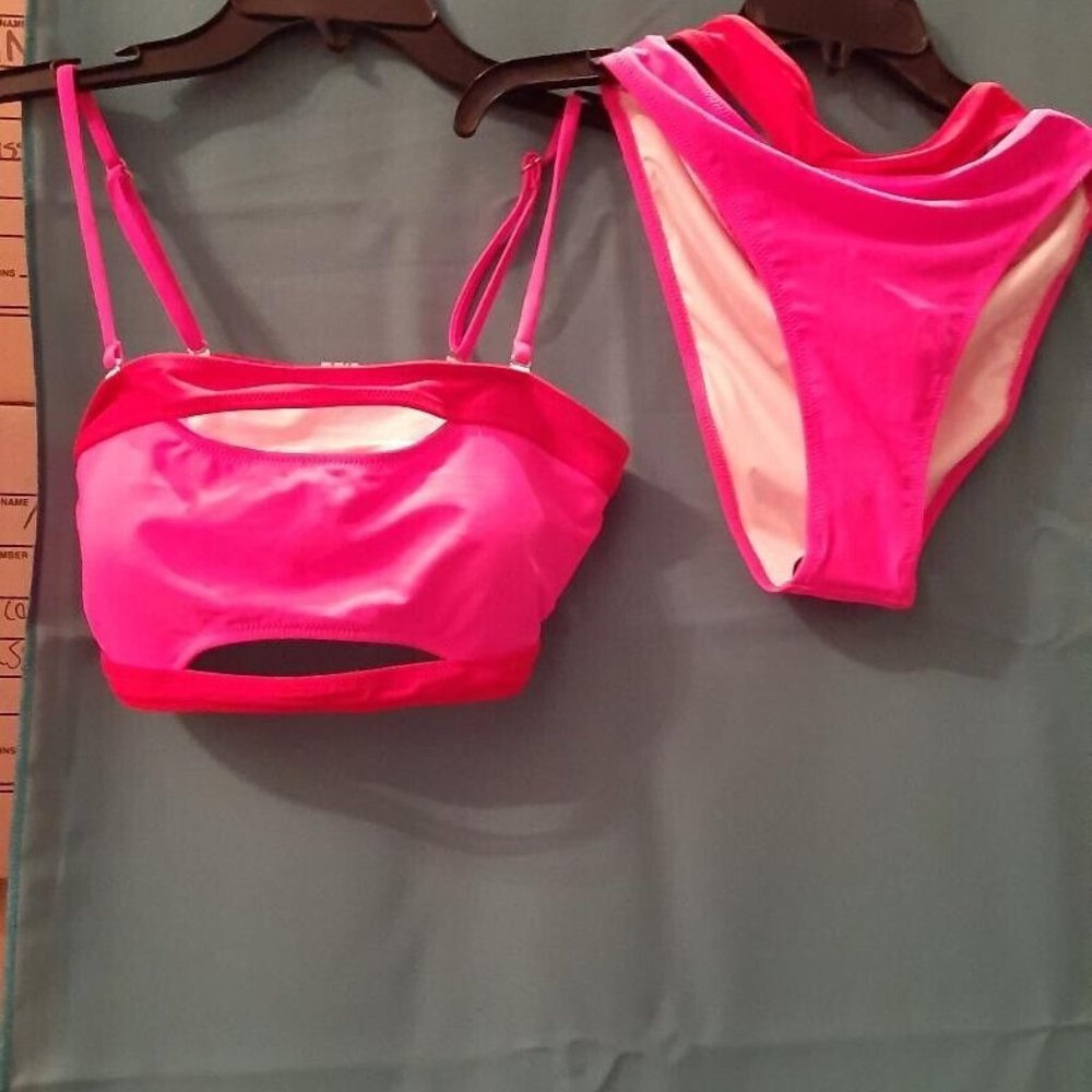 NEW ! Hilinker Bikini Pink and Red Two Pieces Push Up Bra High Waist Size S
